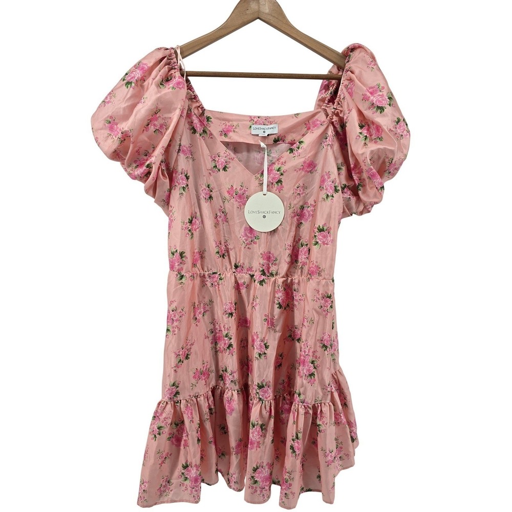 LoveShackFancy x Target Mini Dress Womens 16 Pink Floral Puff Sleeve Ruffle Hem